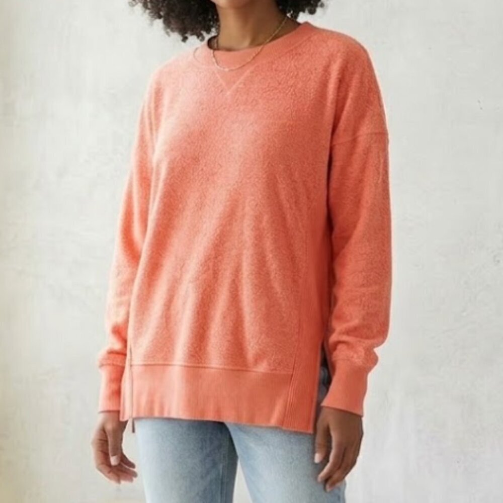 Aerie XS Coral Textured Knit Oversized Sweater Split Hem Crewneck Pullover Top